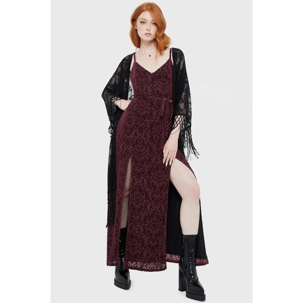 Killstar Blood Oak Maxi Dress Burgundy Burnout Velvet Damask Gothic Wine XS